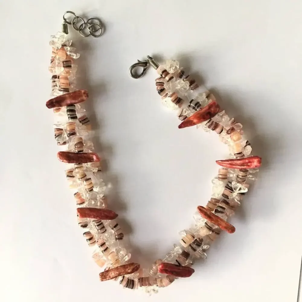 Unique natural materials pink and clear collar necklace
